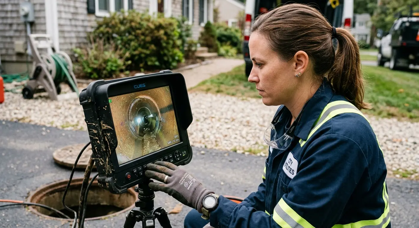 Technician reviewing sewer camera inspection footage in Eaton